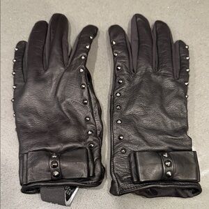 Lord & Taylor Black Leather Gloves with Studded Bow